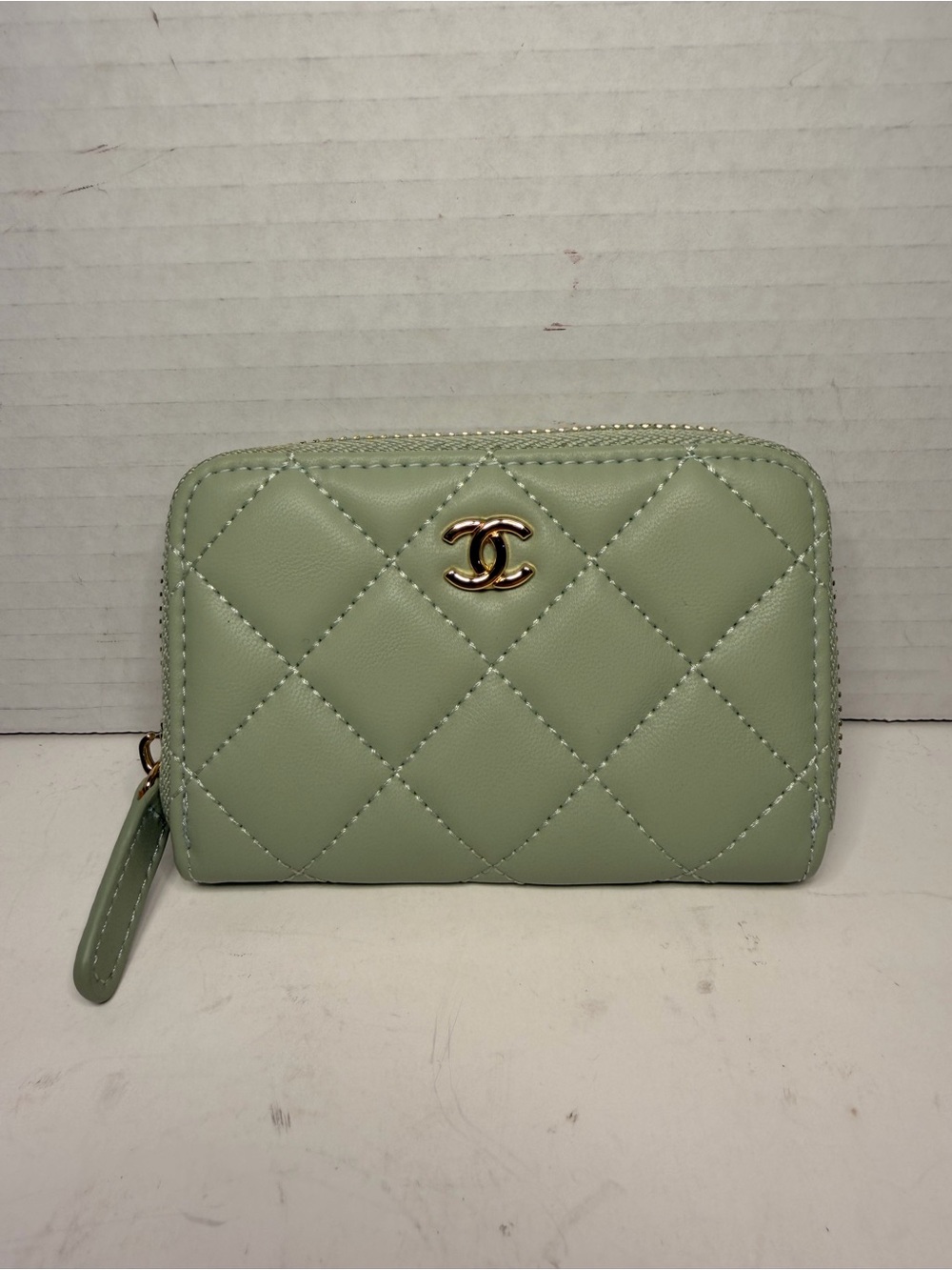 Chanel Quilted Leather Zip Around Coin Purse Wallet Light Green